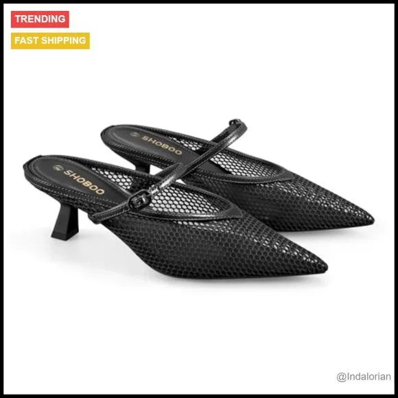 Mesh Kitten Heels with Adjustable Strap Slip On Pumps - Picture 5 of 7